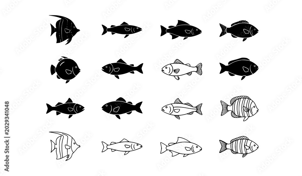 Obraz premium Modern fish vector icon bundle featuring solid black and outline style marine animal illustrations on white background