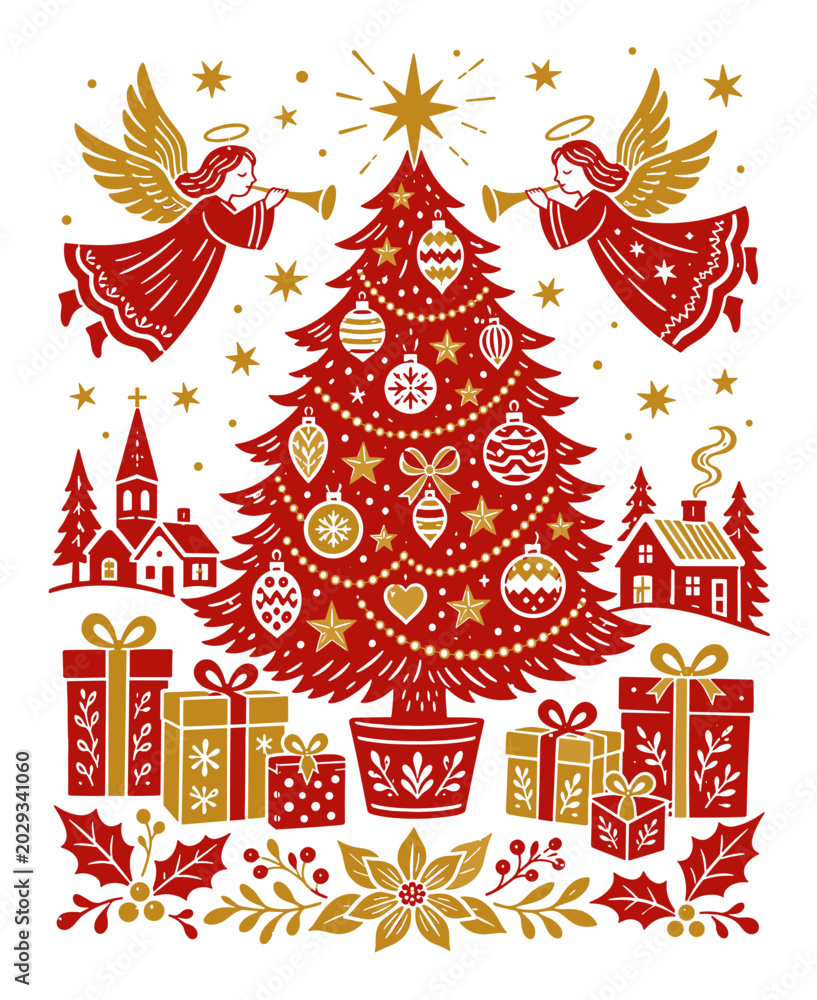 Naklejka premium Festive Christmas scene with angels, decorated tree, and gifts