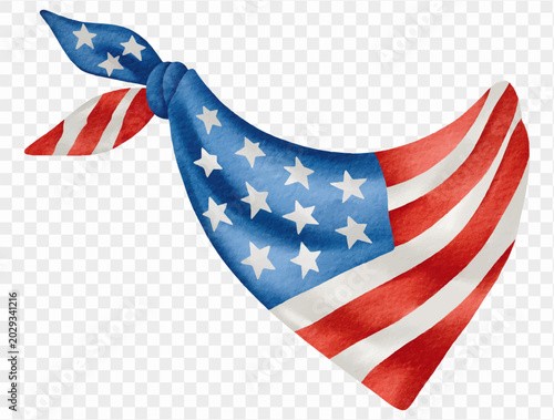 Watercolor patriotic bandana scarf with American flag pattern illustration Vector.