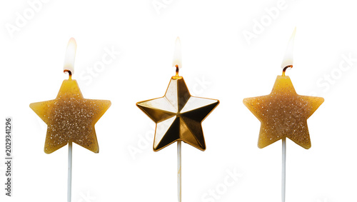 Canvastavla Three star-shaped candles with lit flames two gold glitter, one gold metallic