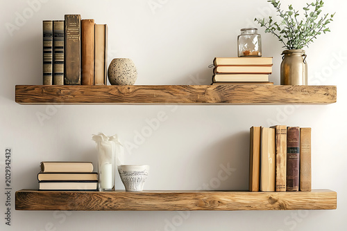 Rustic Wooden Shelves Displaying Vintage Books And Decorative Objects Creating Warm Farmhouse Interior Design Inspiration For Homes.