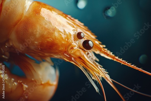 A close-up of a vibrant orange shrimp showcasing intricate details and glossy textures against a blurred background.