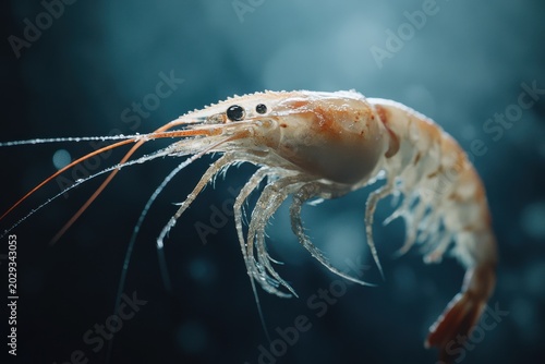Close-up of a detailed shrimp with delicate textures and vibrant colors, set against a dark, moody background.