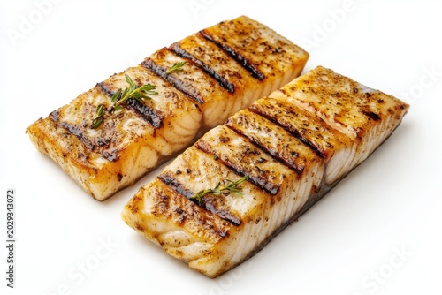 Grilled salmon fillets garnished with herbs, showcasing a delicious and healthy meal.