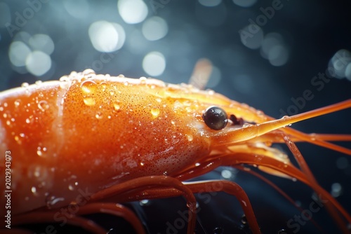 Close-up of a vibrant orange shrimp on a wet surface with glistening droplets, showcasing intricate details.