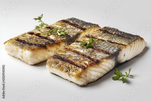 Grilled fish fillets garnished with fresh herbs, showcasing a delicious and healthy meal option.