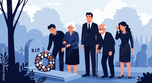 Foto Funeral vector illustration of a grieving family standing by a tombstone with a