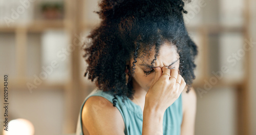 Konstfotografi Headache, tired and woman with stress in creative agency, frustrated and time management pressure