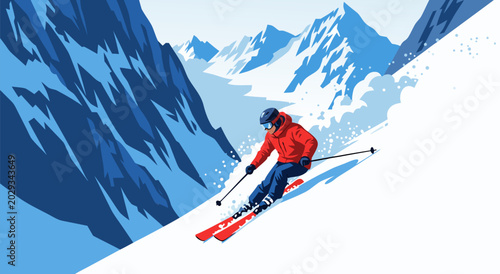 Fotografi Dynamic vector illustration of a skier gracefully descending a snowy mountain sl