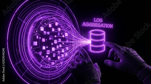 Futuristic digital interface showing data aggregation and database interaction.