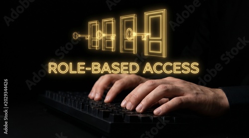 Hands typing on keyboard with glowing doors and keys representing role based access control.