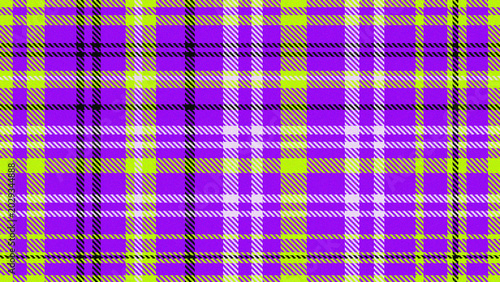 Vibrant purple and yellow plaid pattern with black and white accents
