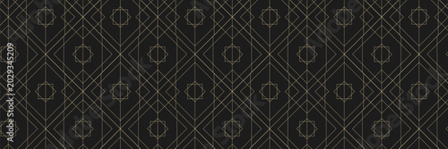 Elegant geometric seamless pattern with golden linear shapes on dark background. Luxury Art Deco inspired ornament for wallpapers, packaging and branding