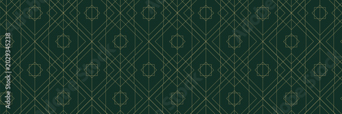 Luxury seamless geometric pattern with elegant golden line shapes on deep green background. Art Deco inspired abstract texture for wallpaper and branding