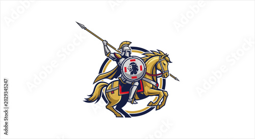 Foto Ancient Warrior on Horseback with Spear and Shield.