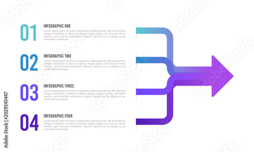 4 Inputs Merging into One Arrow Business Infographic Template. Presentation Plan and Strategy. Vector illustration.