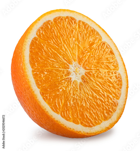 Photos One ripe half of orange fruit isolated on a white background