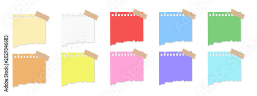 Set of colorful torn notebook paper notes with adhesive tape and shadow effect. Cute sticky memo collection isolated on transparent background