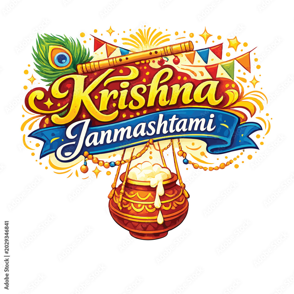 Fototapeta premium Krishna Janmashtami Celebration with Clay Pot and Flute Decorations