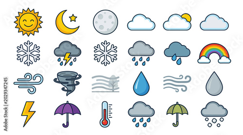 Cute hand drawn weather doodle icon set featuring sun, moon, clouds, rain, snow, rainbow, wind, tornado, umbrella, thermometer and lightning symbols