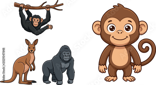 Canvas Print PrintCute Cartoon Wild Animals Vector Set Featuring Funny Monkey Gorilla Chimpan
