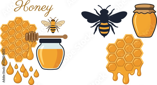 Foto Organic Honey Vector Set with Sweet Honeycomb Jars Dipper and Flying Bees Elemen