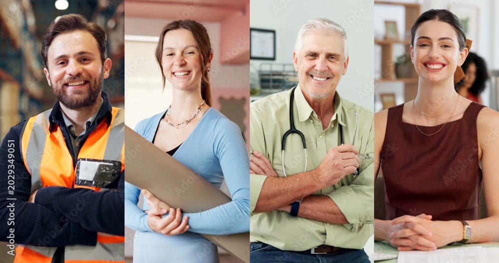 © peopleimages.com - Portrait, people and happy in collage for career choice, industry or expertise in workplace with a smile. Men, women and professional with pride for growth, montage and business with confidence © peopleimages.com - Portrait, people and happy in collage for career choice, industry or expertise in workplace with a smile. Men, women and professional with pride for growth, montage and business with confidence
