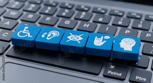 Blue keyboard keys with accessibility icons representing different disabilities, including wheelchair, hearing impairment, visual impairment, and cognitive differences.