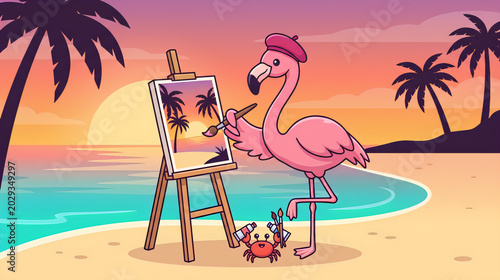 Flamingo painting sunset on the beach, ideal for art promotion, tropical decor, and fun illustrations