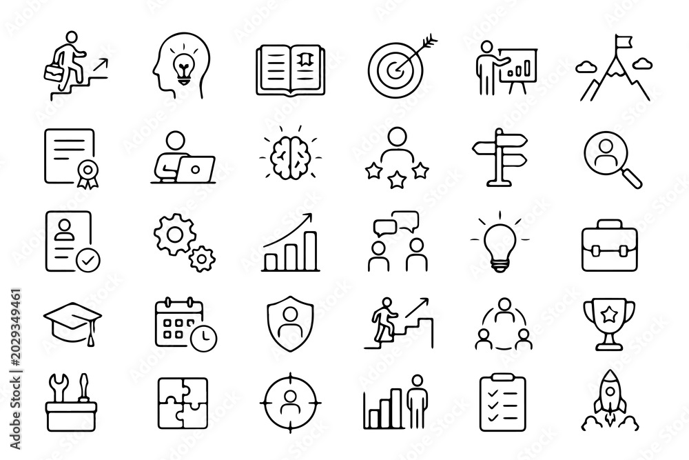Fototapeta premium Human Resources, Recruitment, Training and Career Development Outline Icon Set