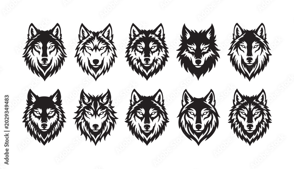 Fototapeta premium Detailed Wolf Face Silhouette Vector Collection for Logo Design