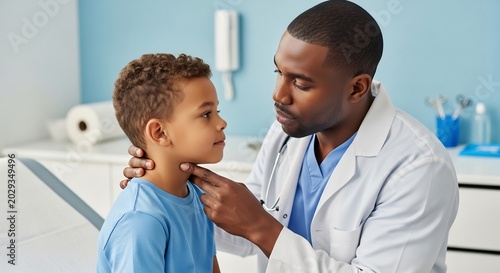 Doctor examining a childs throat in a clinic.