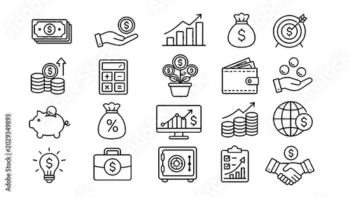 Fotografie Finance and Business Growth Line Icons Set