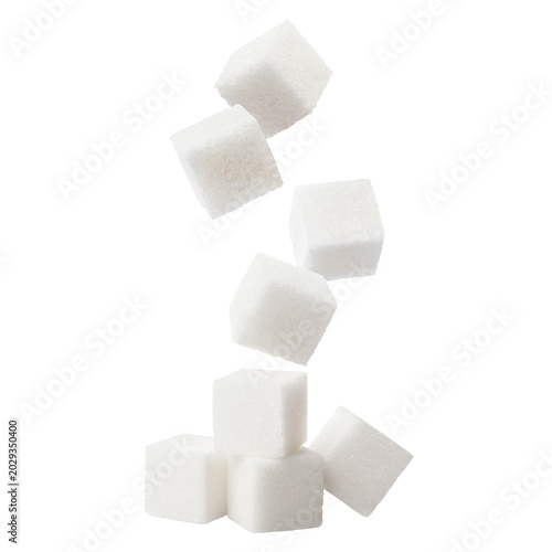 Falling sugar cubes, isolated on cutout transparent background