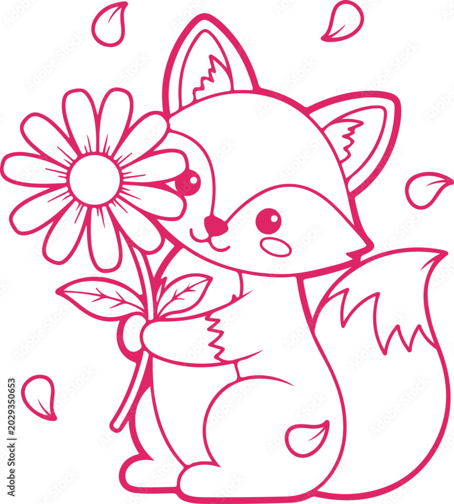 Fototapeta premium Sweet cartoon fox holding large daisy flower with falling petals, looking happy and cute.