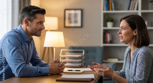 Man and Woman in Conversation in Office Setting.
