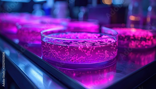 Vibrant petri dish culture illuminated with neon pink and purple light in a scientific laboratory