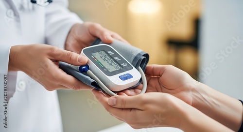 Doctor handing blood pressure monitor to patient for checkup.