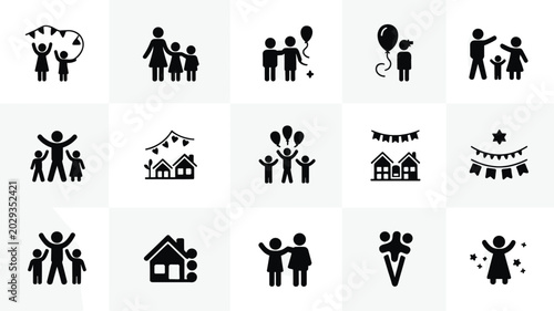 Set of 15 Black Family and Celebration Vector Icons