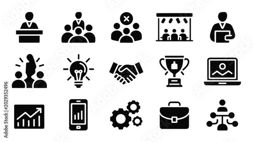 Set of 15 Black Business and Conference Icons Vector
