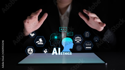 Konstfotografi Futuristic Concept of Artificial Intelligence Ethics with Iconic Symbols Representing Justice, Transparency, and Responsibility in Technology Quark