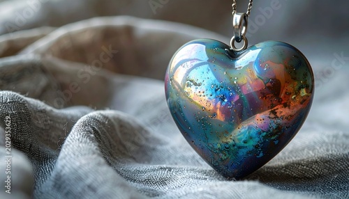 Hand-painted iridescent ceramic heart ornament hanging on a chain, showcasing vibrant colors against a textured fabric background.