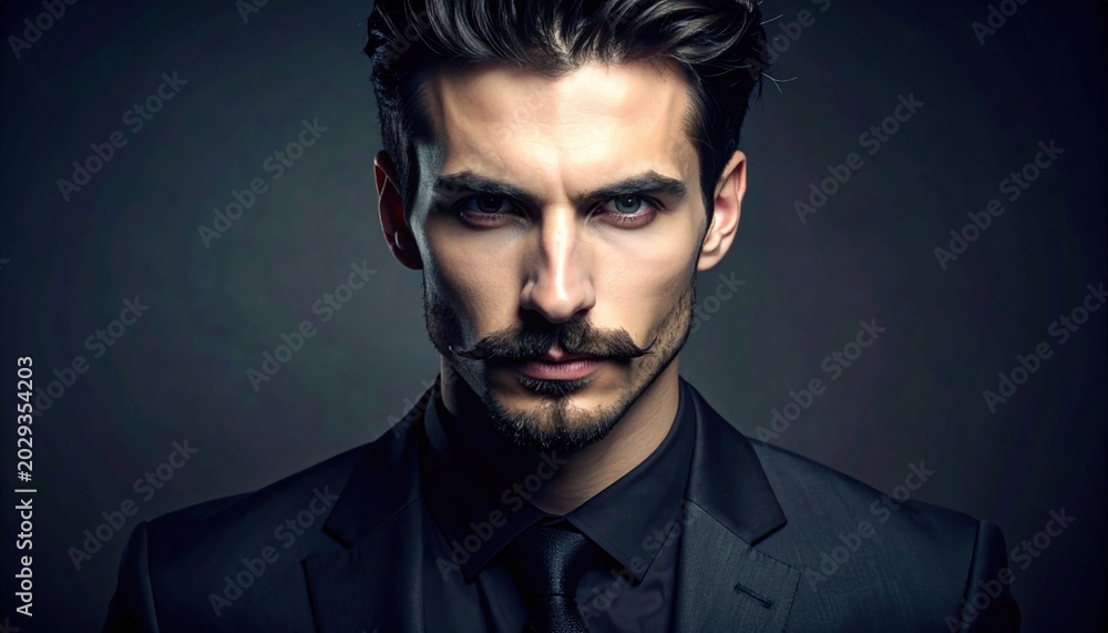 Fototapeta premium Intense male portrait with dark suit, sharp goatee, and mustache looking directly at camera.