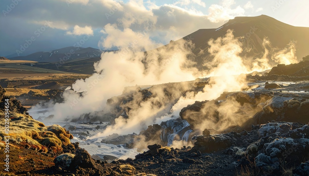 Fototapeta premium Powerful geothermal steam rises dramatically from volcanic hot springs under a dramatic sky