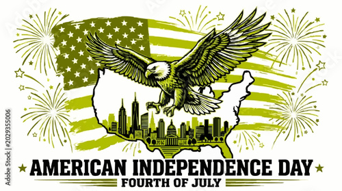 American Independence Day Vector Illustration USA Flag Eagle Cityscape Fireworks Commercial Use