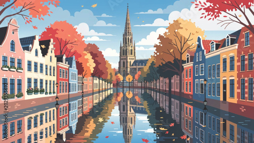 Vibrant city canal landscape with colorful historic buildings vector background