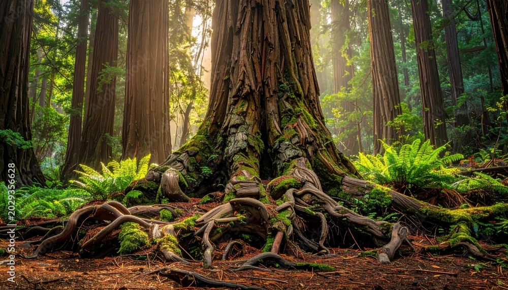 Fototapeta premium Majestic Redwood Tree Trunk and Gnarled Roots in Sunlit Forest