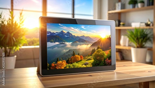 Modern Digital Photo Frame Displaying a Majestic Mountain Landscape at Sunrise on a Wooden Table