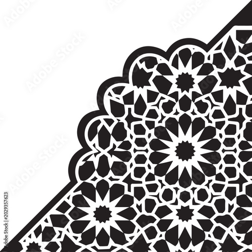Islamic geometric pattern corner frame with traditional arabesque motif and floral details for creative oriental design projects.