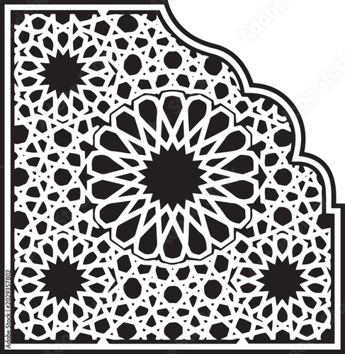Intricate islamic corner frame with dense geometric mosaic patterns and traditional arch silhouette for religious decoration.